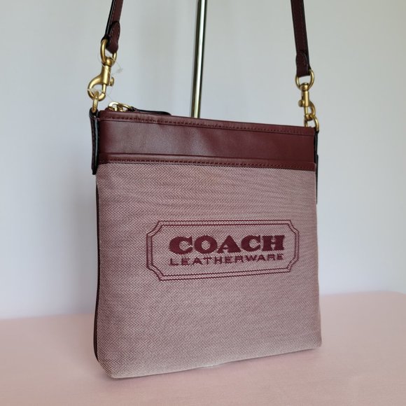 COACH Kitt Badge Jacquard & Smooth Leather Crossbody- Wine Multi ⭐ - Picture 3 of 16
